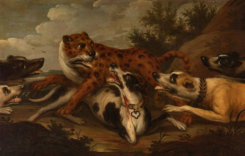 Follower of FRANS SNYDERS (Antwerp, 1579-1657). Possibly Spanish school, 17th century. "The Leopard: Follower of FRANS SNYDERS (Antwerp, 1579-1657). Possibly Spanish school, 17th century. "The Leopard Hunt". Oil on canvas. Re-coloured. It presents slight craquelure on the pictorial surface. Size: 106