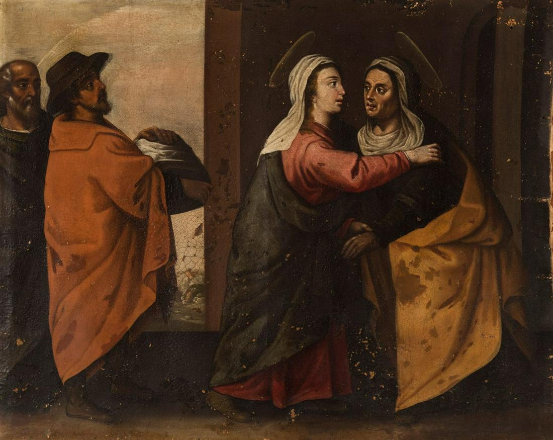 Spanish school; 17th century.  "The Visitation of the Virgin to Elizabeth". Oil on canvas (1 of 4)
