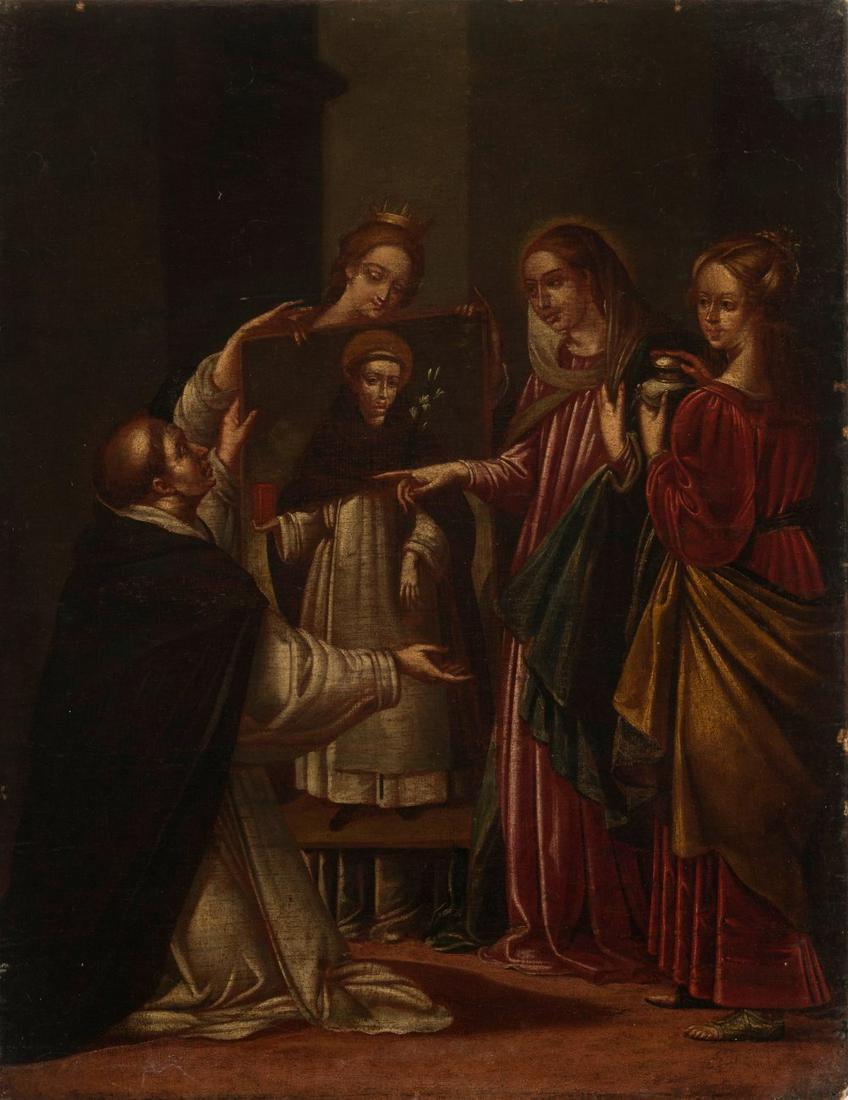 Spanish school of the 17th century. "Santo Domingo in Soriano". Oil on canvas. Relined.: 17th century Spanish school. "Saint Dominic in Soriano". Oil on canvas. Relined. Measurements: 57 x 44 x 2 cm. This work closely follows the paintings of the same subject made by Juan Bautista MaÃ­n