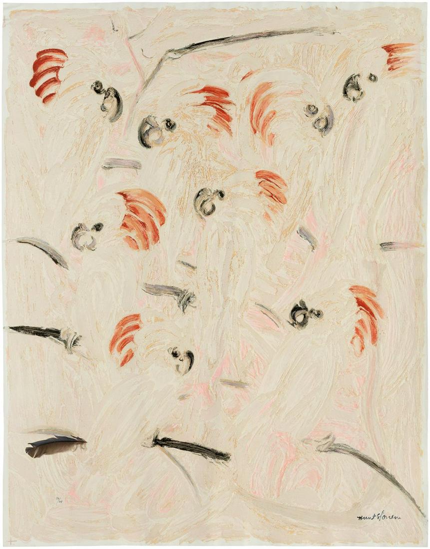 HUNT SLONEM (Kittery, Maine, 1951).  "Cockatoos" 2001. Silkscreen with collage on canvas. Copy (1 of 4)