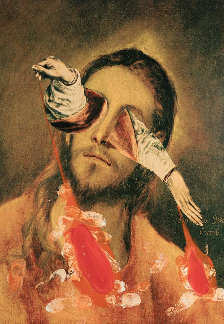 JORGE GALINDO (Madrid, 1965). "El Greco in Borox imitation of Christ", 2001. Oil on canvas print.: JORGE GALINDO (Madrid, 1965). "El greco en Borox imitation of Christ", 2001. Oil on canvas print. Signed, dated and titled on the back. Size: 250 x 176 cm. Jorge Galindo began his artistic training li