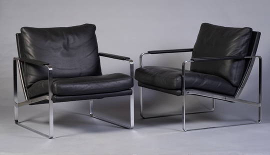 PREBEN FABRICIUS (Denmark, 1931 - 1984) for WALTER KNOLL. Pair of "Conversation Chairs", model 710,: PREBEN FABRICIUS (Denmark, 1931 - 1984) for WALTER KNOLL. Pair of "Conversation Chairs", model 710, design 1972. Chrome-plated steel frame. Armrests, seat, back and loose cushions upholstered in black