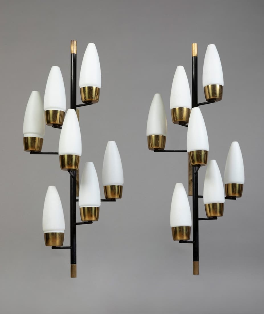Pair of STILNOVO wall lamps, 1960s. Opal glass and brass. Incomplete electrical wiring. Damage. (1 of 4)