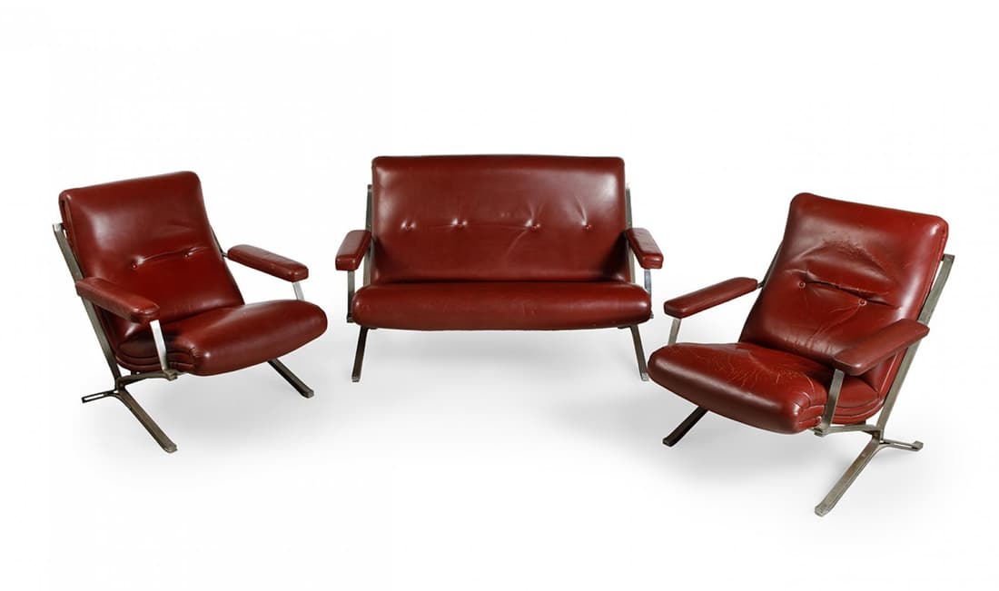 Two-seater sofa and two armchairs. Italian design, 1960's. Chrome plated metal. Maroon leather (1 of 4)