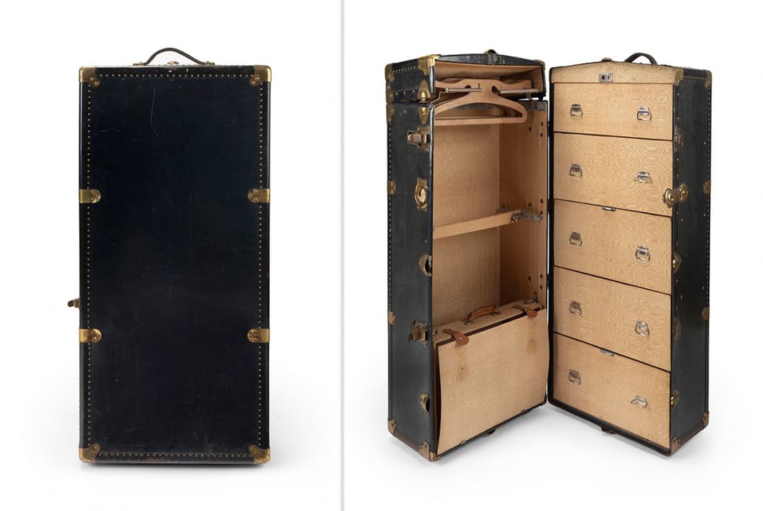 Transatlantic travel boot, ca.1915. Wooden frame, lined with patinated metal. Gilt brass lock and (1 of 7)