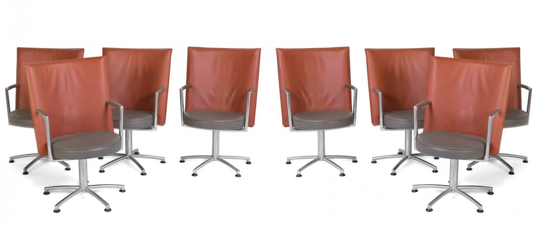 JOHANNES FOERSOM (Denmark, 1947). Set of four chairs. Aluminum base and leather upholstery (quince: JOHANNES FOERSOM (Denmark, 1947). Set of four chairs. Aluminium legs and leather upholstery (quince-coloured back, grey seat). They show signs of use. Measurements: 96 x 63 x 57 cm. The design of thes