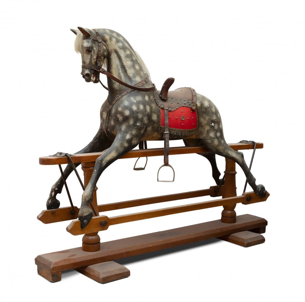Rocking horse. England, late 19th century. Wood, glass paste and hair. Keeps old label. (1 of 7)