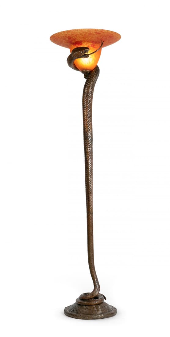 Modelled on EDGAR BRANDT (France, 1880-1960). Floor lamp "Tentation". Bronze shaft and lampshade in (1 of 7)