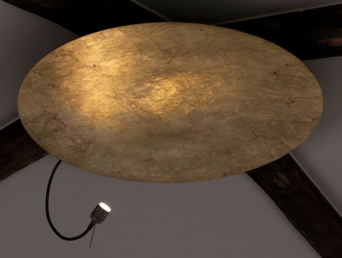 CATELLANI & SMITH. Italy. TelchisugiÃ² or "Full Moon" wall or ceiling light, Aluminium and copper: CATELLANI & SMITH. Italy. TelchisugiÃ² or "Full Moon" wall or ceiling light, Aluminium and copper with gold leaf coated diffuser disc. Plexus for halogen bulb. Dimensions: 75 cm (diameter). The Telc