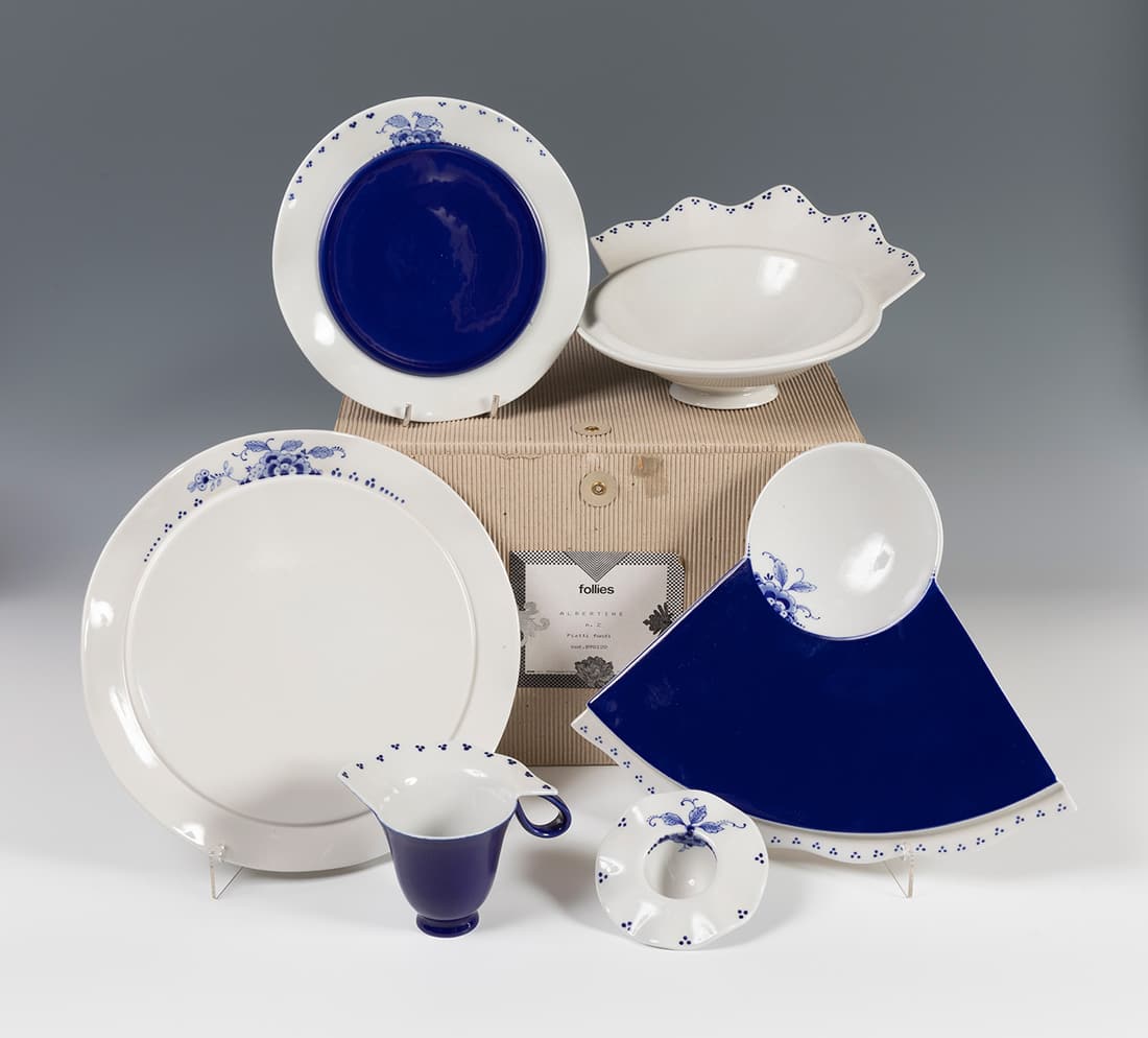 BOREK SIPEK (Prague, Czech Republic, 1949-2016) for DRIADE. Dinner plate, deep plate, tray, plate,: BOREK SIPEK (Prague, Czech Republic, 1949-2016) for DRIADE. Albertine" dinner plate, soup plate, tray, plate, cup and egg cup from the "Follies" series. Delft porcelain, glazed in blue and white. With