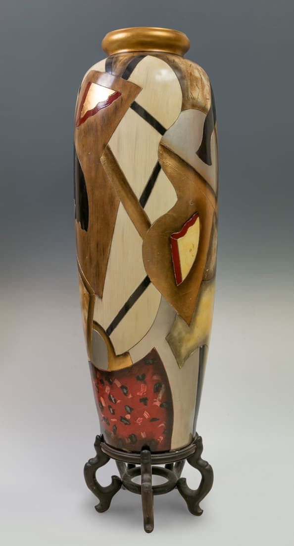 Art Deco Vase; second half of the 20th century. Glazed ceramic. Preserves wooden base. (1 of 5)