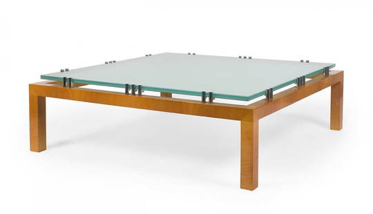 JAIME TRESSERRA CLAPÃ‰S (Barcelona, 1943). Coffee table "Calibre".1987. In walnut wood, glossy: JAIME TRESSERRA CLAPÃ‰S (Barcelona, 1943). Coffee table "Calibre", 1987. In walnut wood, gloss nickel fittings and 19 mm acid-etched glass top. Measurements: 35 x 110 x 110 cm. The Calibre table ha