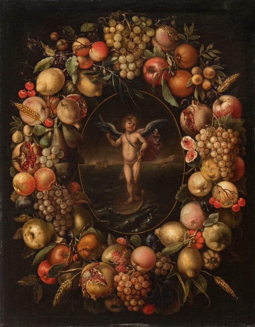 JORIS VAN SON (Antwerp 1623-?, 1667). "Border of flowers with Eros". Oil on canvas. Relined.: JORIS VAN SON (Antwerp 1623-?, 1667). Orla de flores con Eros" ("Border of Flowers with Eros"). Oil on canvas. Re-coloured. Size: 96,5 x 76 cm. In the first quarter of the 17th century a new formula w