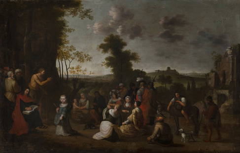 JOOST CORNELISZ DROOCHSLOOT (Holland, 1586-1666). "Preaching of St. John the Baptist". 1664. Oil on: JOOST CORNELISZ DROOCHSLOOT (Holland, 1586-1666). "Preaching of St. John the Baptist". 1664. Oil on canvas. Signed and dated Relined 50 years ago. Eighteenth century frame. Rear frame. Measurements: 7