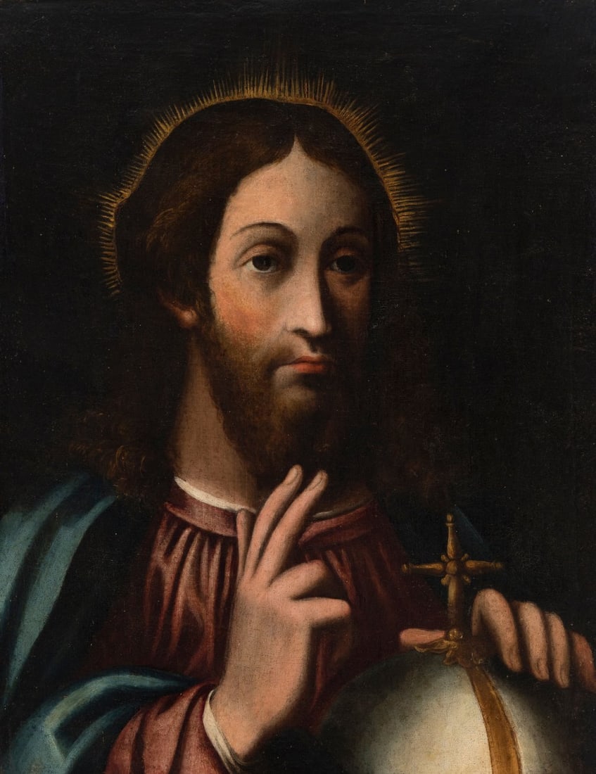 Toledo school of the 17th century.  "Christ Salvator Mundi".  Oil on canvas. Relined, with bands. (1 of 4)