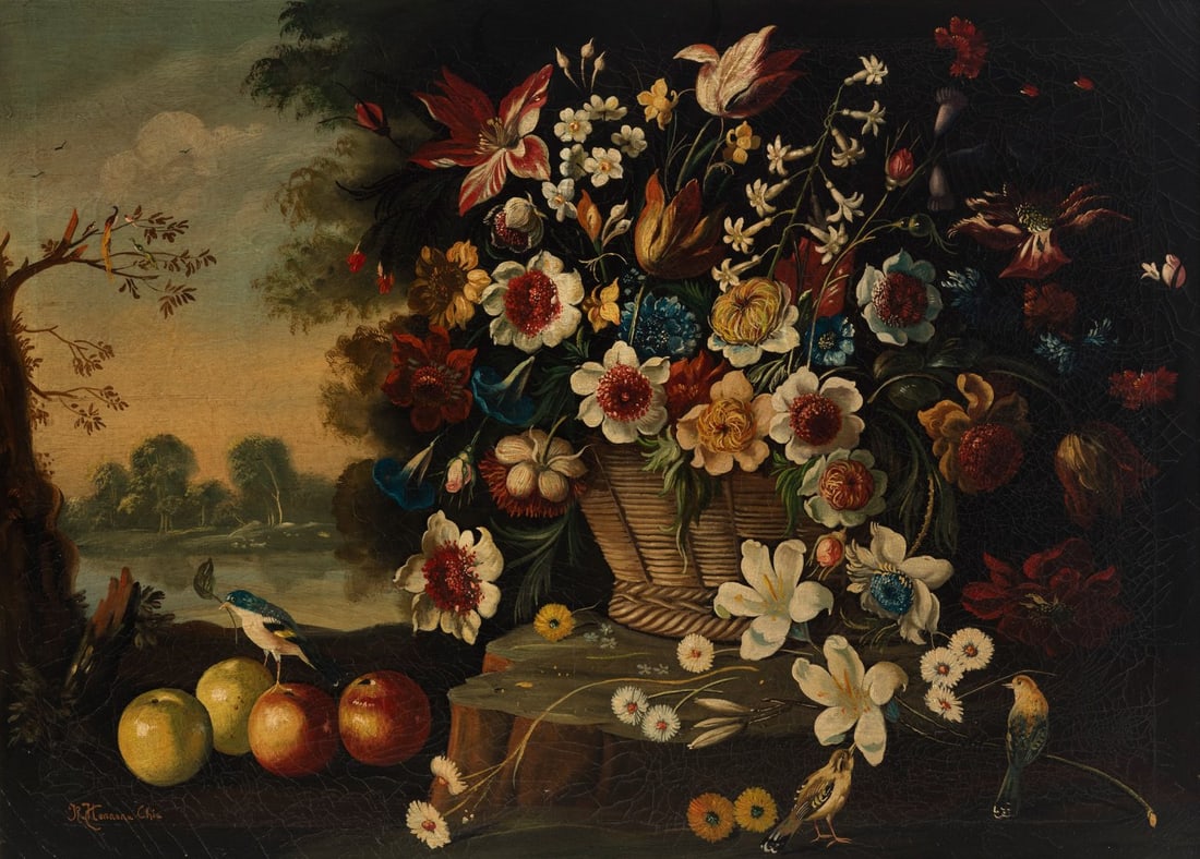 RAFAEL HERRERA CHIA (Seville, 1935-1995). "Still Life of Flowers and Birds". Oil on canvas. Signed (1 of 4)