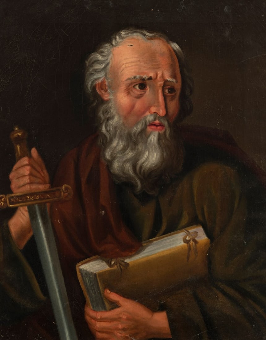 Spanish school; 18th Century.  "Saint Paul". Oil on canvas. It presents perforations and faults on (1 of 3)