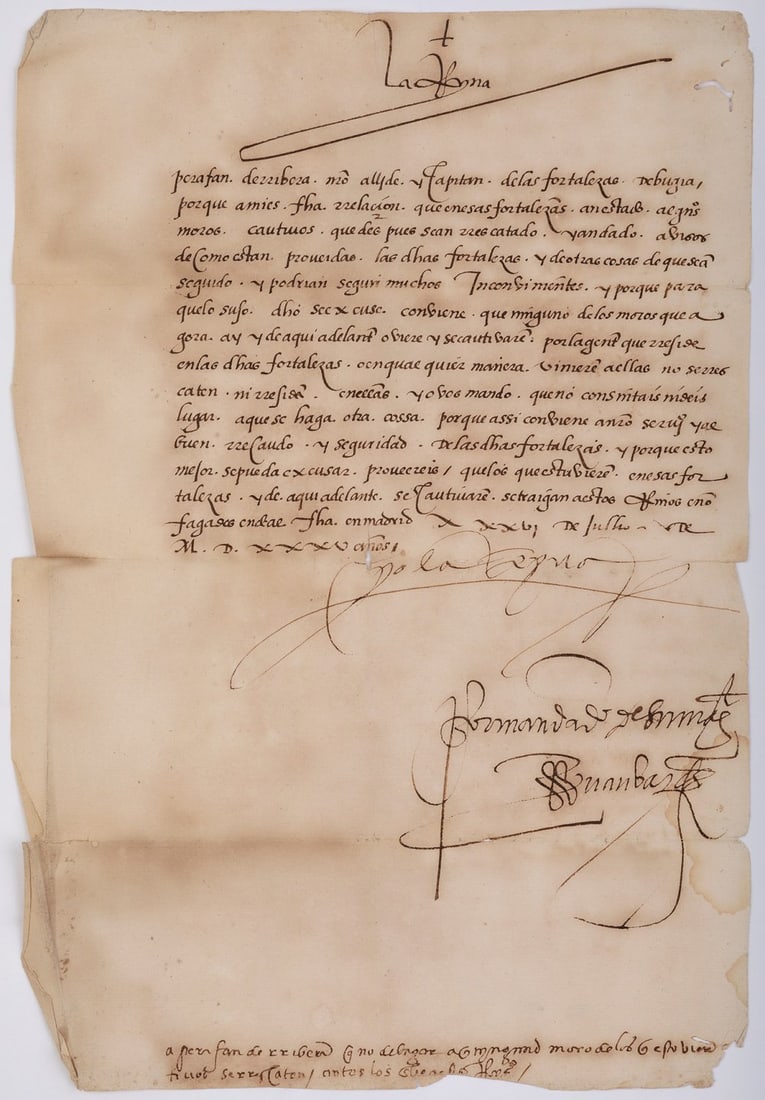 Document signed by Ferdinand the Catholic, year 1470. Ink on paper. It shows wear, marks of use,: Document signed by Ferdinand the Catholic, year 1470. Ink on paper. It shows wear, marks of use, wrinkles, folds and humidity stains. Measurements: 17 x 30,5 cm.