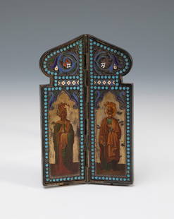 Small Russian travel icon, ca.1900. "Saint Lucia" and "Saint Peter". Silver and cloisonnÃ© enamel.: Small Russian travel icon, ca.1900. "Saint Lucia" and "Saint Peter". Silver and cloisonnÃ© enamel. Contrasts on the lower part. Measures: 9,5 x 6 cm (open); 9,5 x 3 cm (closed). Russian travel icon