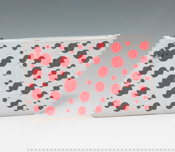 LOUIS VUITTON. Yayoi Kusama clutch. White monogrammed leather with LV emblem and bright red: LOUIS VUITTON. Yayoi Kusama clutch. White monogrammed leather with LV emblem and bright red Infinity Dots print, evoking nature as seen by Kusama. Red suede interior. Zip fastening. Slight marks of us