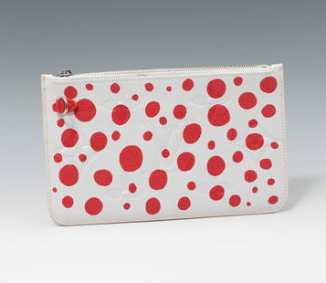 LOUIS VUITTON. Yayoi Kusama clutch. White monogrammed leather with LV emblem and bright red: LOUIS VUITTON. Yayoi Kusama clutch. White monogrammed leather with LV emblem and bright red Infinity Dots print, evoking nature as seen by Kusama. Red suede interior. Zip fastening. Slight marks of us