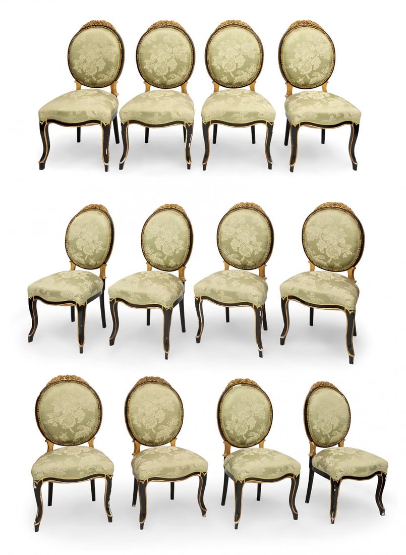 Set of twelve Elizabethan chairs inspired by Louis XVI. Spain, ca. 1850. Stuccoed, gilded and (1 of 5)