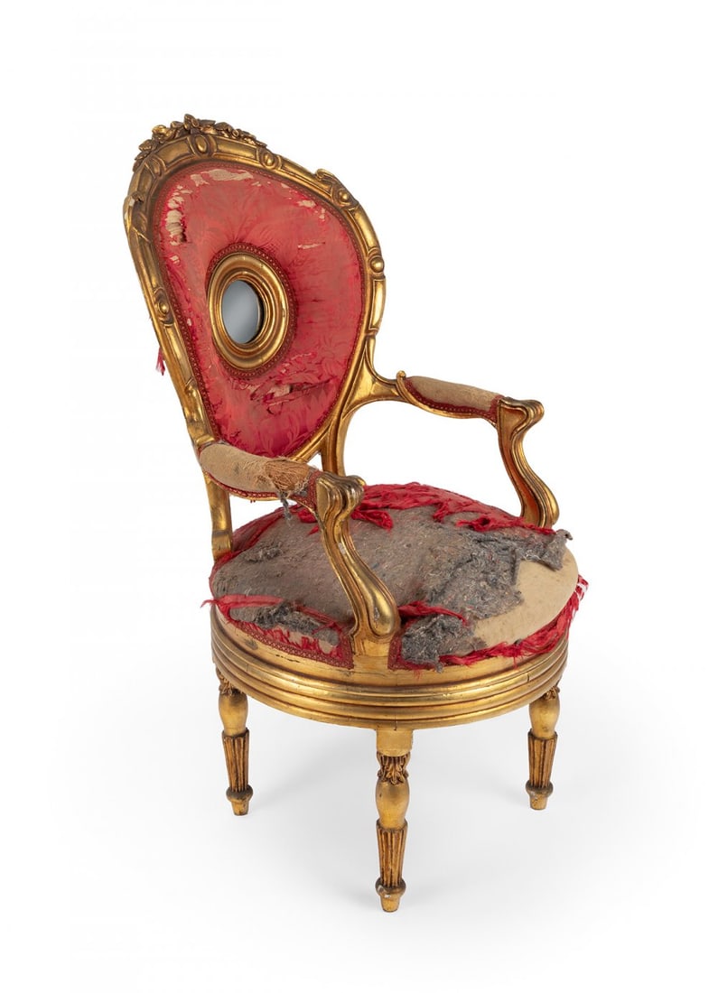 Curious and rare Louis XVI style chair, Louis Philippe period, ca. 1830. Carved and gilded wood. (1 of 7)