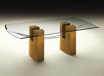 JAIME TRESSERRA CLAPÃ‰S (Barcelona, 1943). "Tensor" table. Walnut wood, shiny nickel hardware and: JAIME TRESSERRA CLAPÃ‰S (Barcelona, 1943). Tensor" table. Walnut wood, shiny nickel fittings and bevelled glass top, 15 mm thick. Measurements: 72 x 220 x 110 cm. Table model "Tensor" with a base s