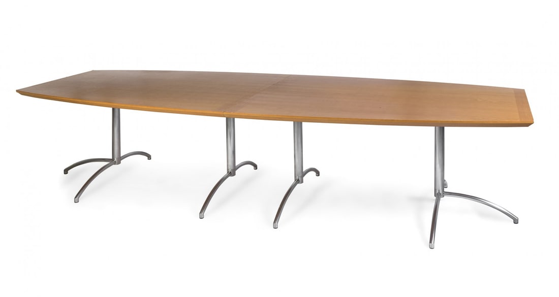 JOHANNES FOERSOM (Denmark, 1947). Boardroom table. Fruitwood top, aluminum feet. Light stains. Some: JOHANNES FOERSOM (Denmark, 1947). Boardroom table. Fruitwood top, aluminum feet. Light stains. Some flaws and scratches in the wood. Measurements: 72 x 330,5 x 120 cm (table, in two pieces). The desig