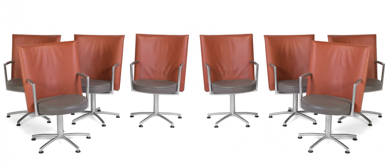JOHANNES FOERSOM (Denmark, 1947). Set of four chairs. Aluminum base and leather upholstery (quince: JOHANNES FOERSOM (Denmark, 1947). Set of four chairs. Aluminium legs and leather upholstery (quince-coloured back, grey seat). They show signs of use. Measurements: 96 x 63 x 57 cm. The design of thes