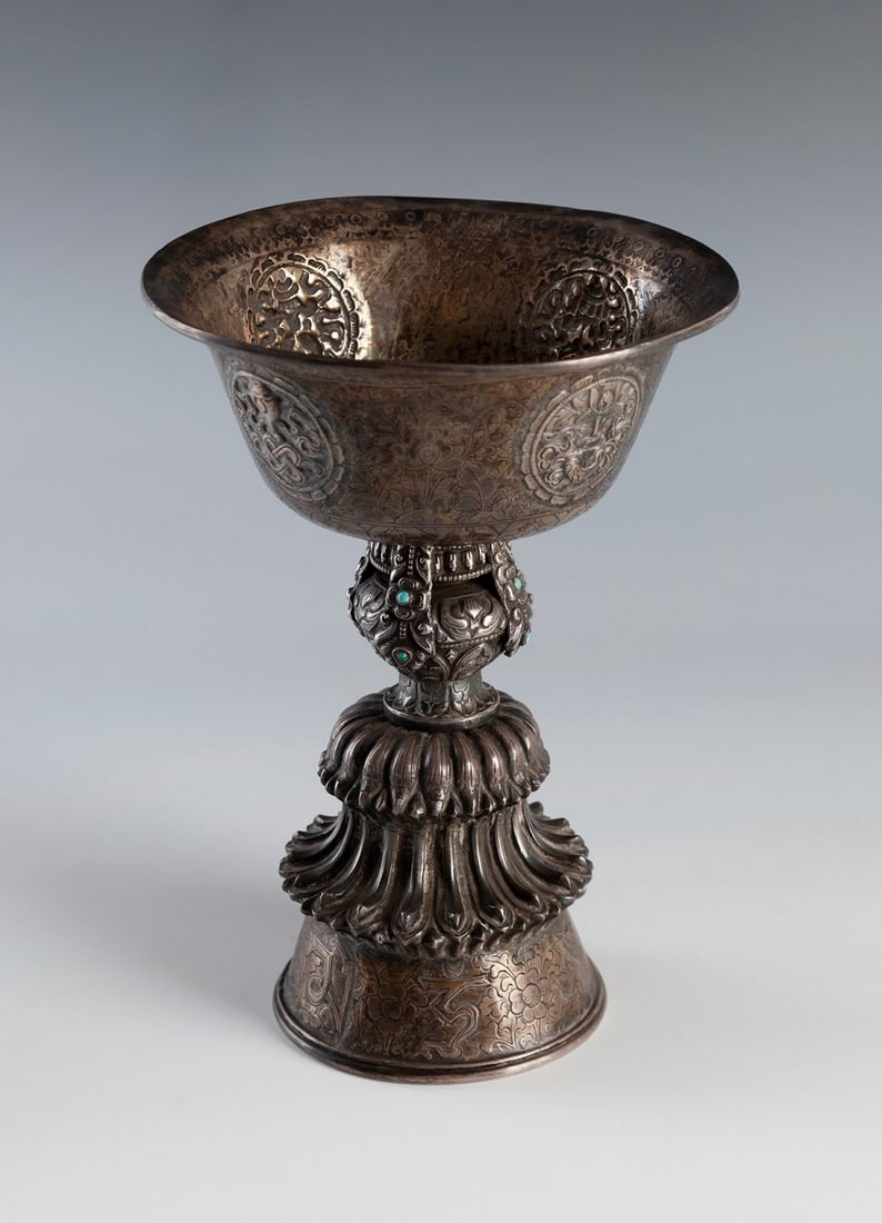 Tibetan cup of the 19th century.  Silver and turquoise. (1 of 7)