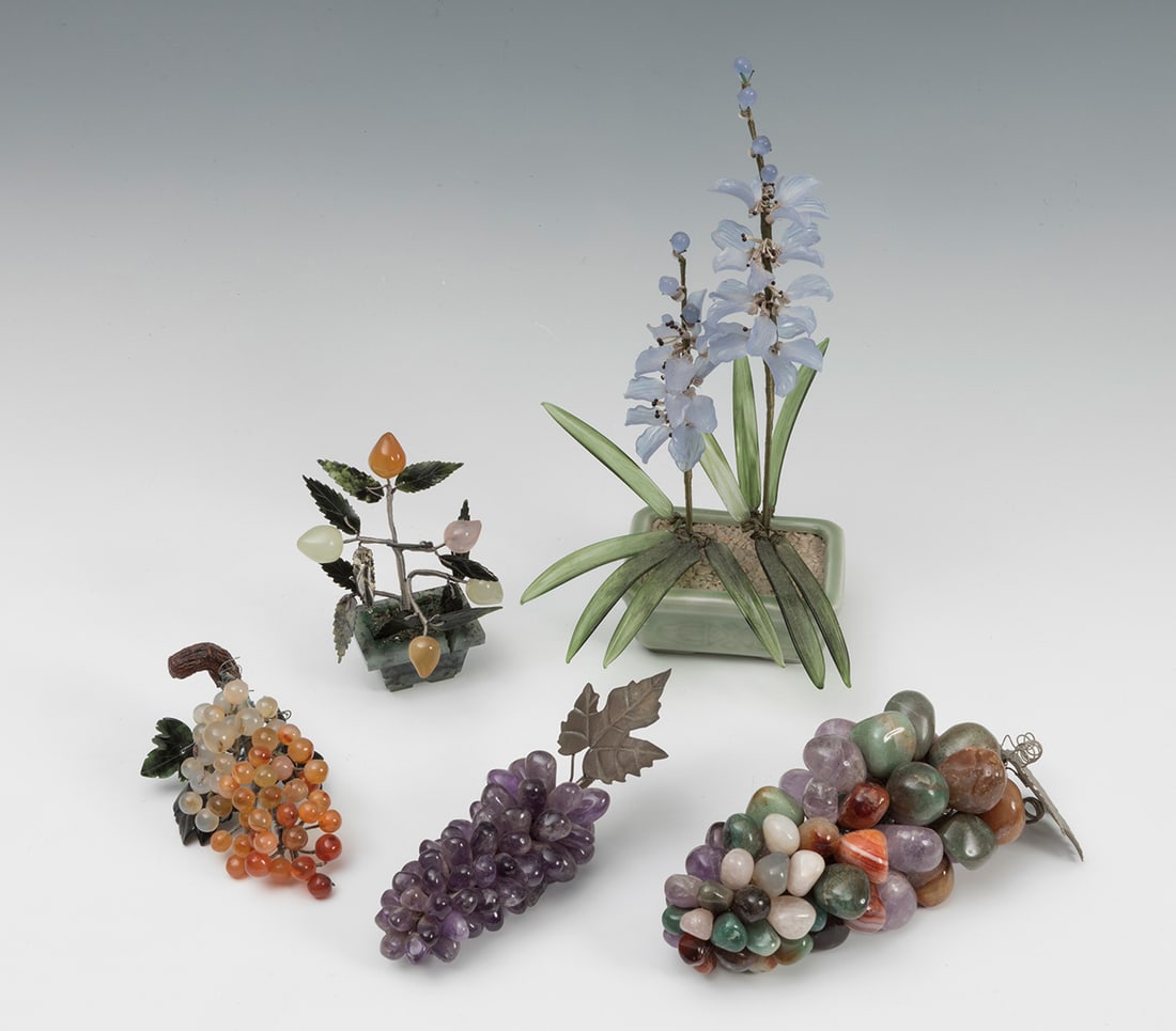 Set of two planters and three bunches of grapes. China, ca. 1950. Hard stone.  Provenance: Spanish (1 of 3)