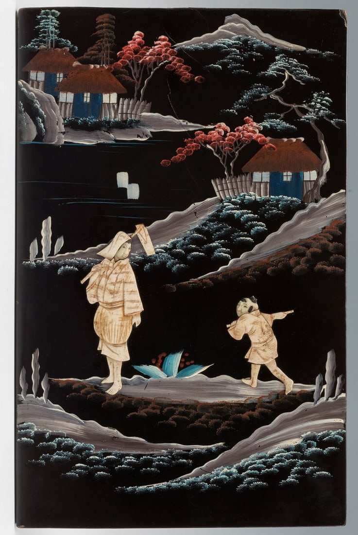 Japanese panel. Meiji period, 19th century. "Landscape with peasants". Lacquered wood, inlaid with: Japanese panel. Meiji period, 19th century. "Landscape with peasants". Lacquered wood, inlaid with bone. Provenance: Spanish Ambassador to China and the Philippines in the second half of the 19th cent