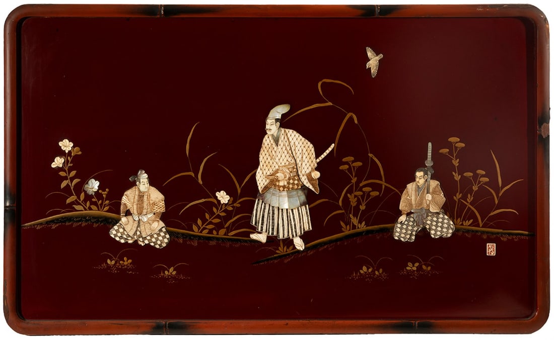 Japanese Meiji period panel, ca. 1870. Red lacquered wood decorated with inlaid bone and mother of: Japanese ceiling lamp, Meiji period, ca. 1870. Red lacquered wood decorated with inlaid bone and mother-of-pearl. The lacquer is missing on one side. Measurements: 44 x 74 cm. On a red lacquered backg