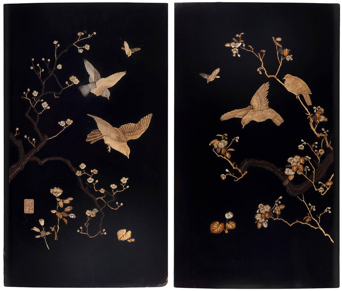 Pair of soffits. Japan, Meiji period, ca. 1870. Black lacquered wood with inlaid bone and mother of: Pair of ceiling lights. Japan, Meiji period, ca. 1870. Black lacquered wood with inlaid bone and mother-of-pearl. One of them signed. They show wear, use marks and some slight faults. One of them does