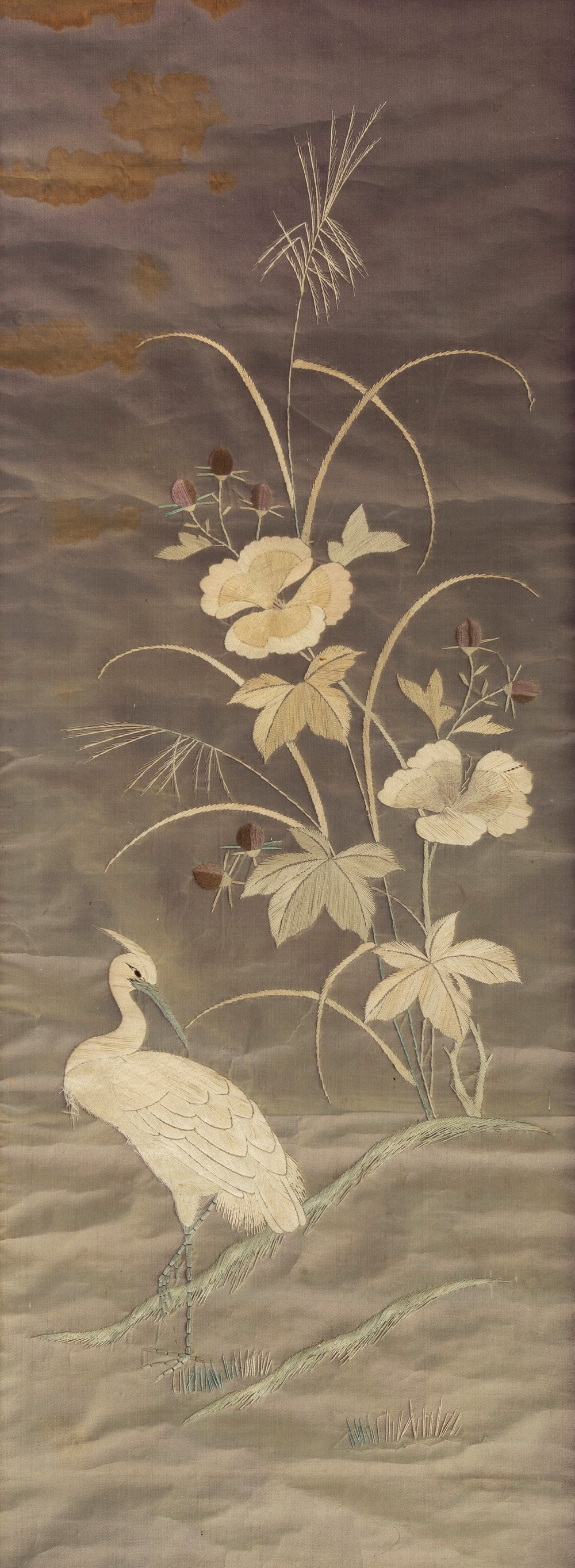 Japanese panel of Meiji period, 19th century.  Hand embroidered silk with silver thread.  It shows (1 of 5)