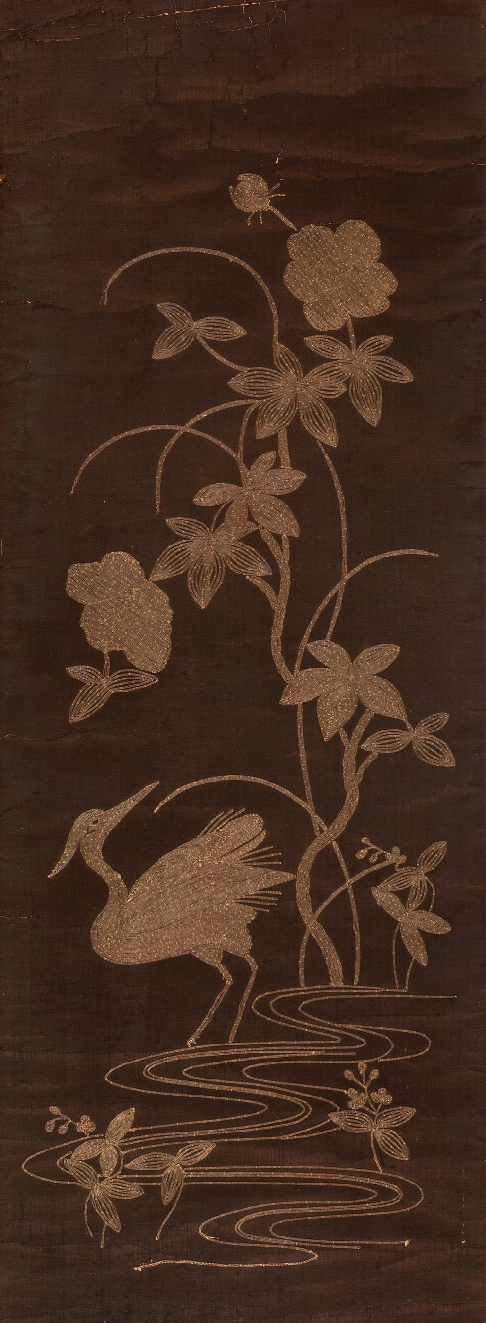 Japanese panel of Meiji period, 19th century.  Hand embroidered silk with silver threads.  It shows (1 of 5)