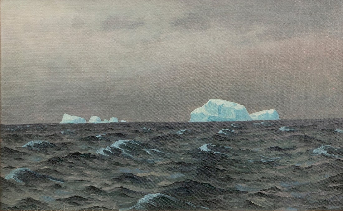 EMANUEL AAGE PETERSEN (1894-1948). "Scene from Davis Street, Greenland, overlooking icebergs". Oil: EMANUEL AAGE PETERSEN (1894-1948). "Scene from Davis Street, Greenland, overlooking icebergs". Oil on canvas. Signed with initials and located in the lower left corner. In good condition. Measurements
