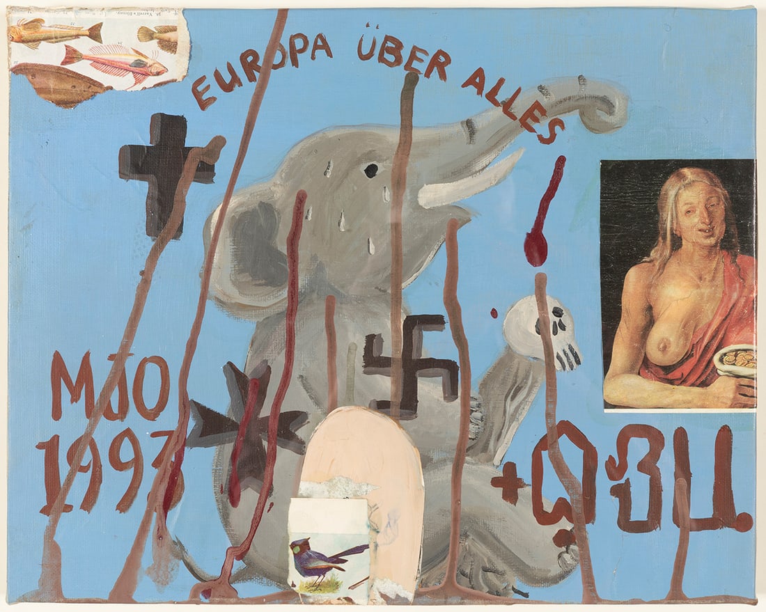 MANUEL OCAMPO (Quezon City, Philippines 1965). "Europe uber alles." 1993. Oil and collage on canvas.: MANUEL OCAMPO (Quezon City, Philippines 1965). "Europe uber alles." 1993. Oil and collage on canvas. Work exhibited at the OMR Gallery, "Manuel Ocampo" exhibition, Mexico City, 1993. Measurements: 32