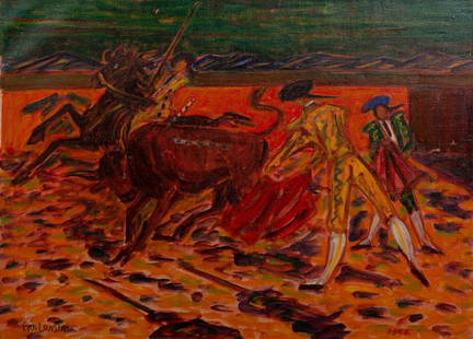 ERIK LARSEN (Denmark, 1902-1975). "Bullfighting". Oil on canvas. Signed in the lower right corner.: ERIK LARSEN (Denmark, 1902-1975). "Bullfighting". Oil on canvas. Signed in the lower right corner. In good state. Measurements: 48 x 66 cm; 58 x 76 cm (frame). Trained under Karl Larsen between the ye