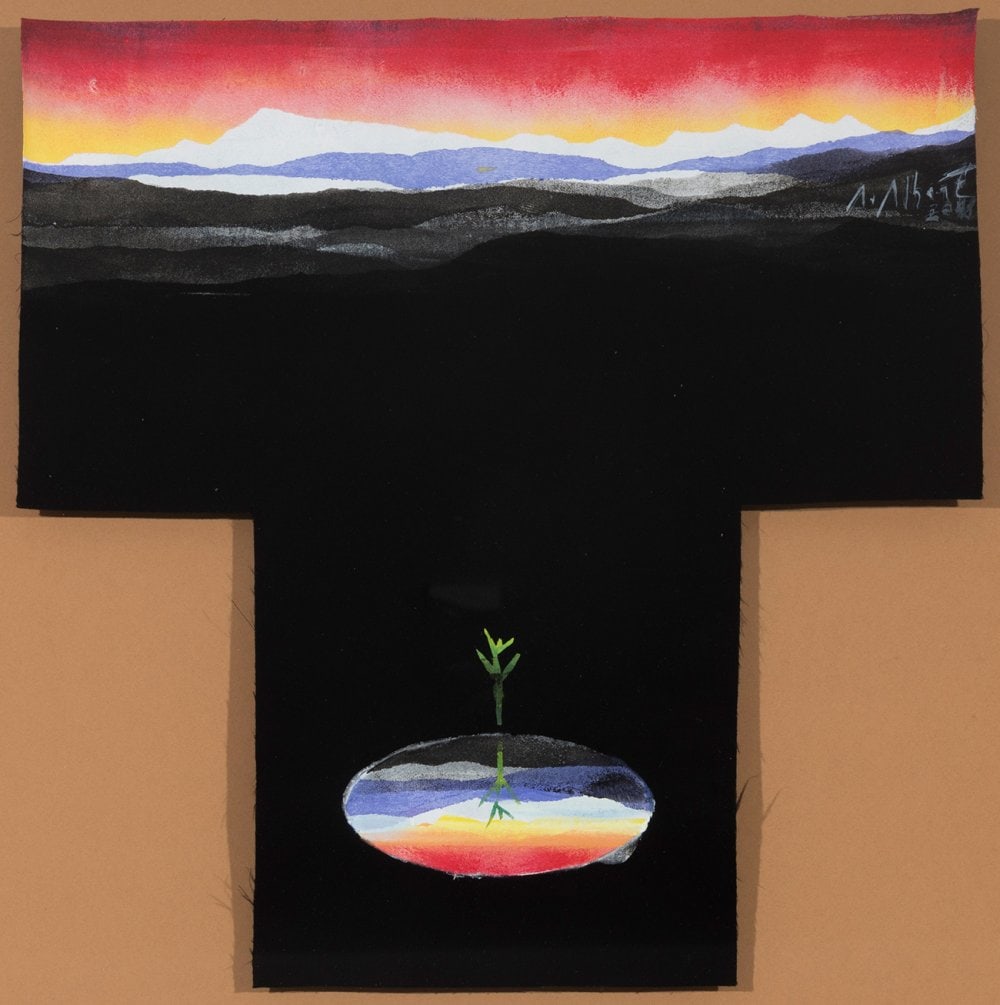 ALFONSO ALBACETE (Antequera, Malaga, 1950). "Lake". Acrylic on silk. This piece belongs to the: ALFONSO ALBACETE (Antequera, MÃ¡laga, 1950). "Lake". Acrylic on silk. This piece belongs to the Kimono Joya collection. Signed in the upper right area. Size: 38 x 39 cm; 53 x 53 cm (frame). This wor