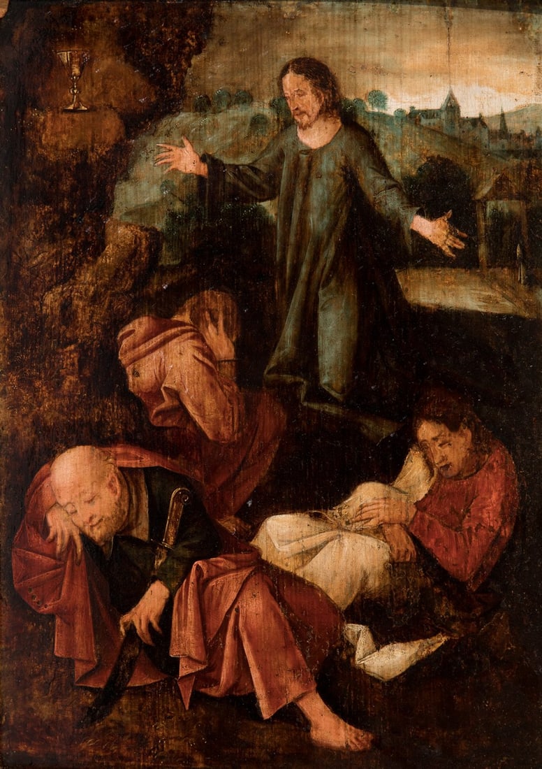 Flemish school, 16th century. "Prayer in the Garden". Oil on oak board. It presents overpainting, (1 of 5)