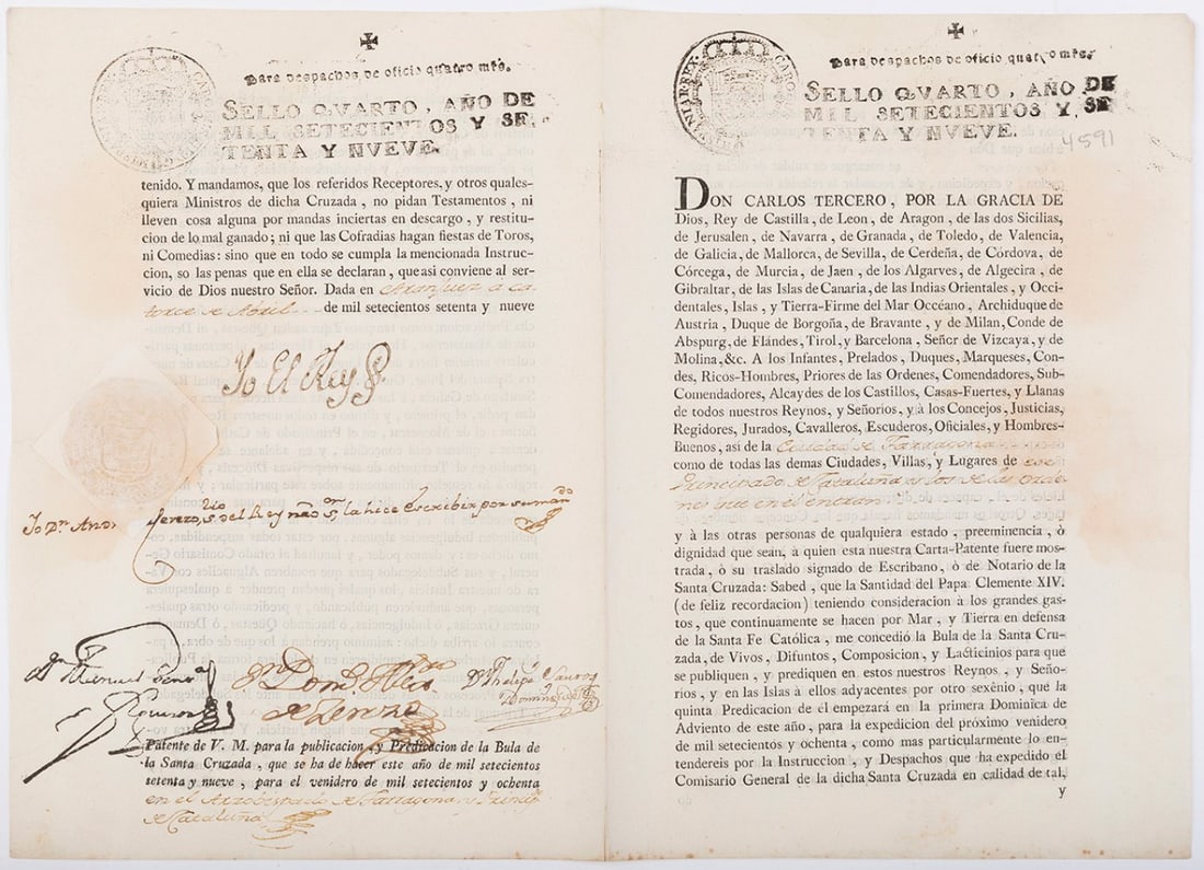 Bull granted by Pope Clement XIV signed by King Charles III in 1779. It shows wear, wrinkles and (1 of 3)