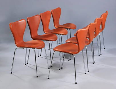 ARNE JACOBSEN (Denmark, 1902 – 1971) for FRITZ HANSEN. Set of eight "Series 7" chairs, model: ARNE JACOBSEN (Denmark, 1902 – 1971) for FRITZ HANSEN. Set of eight "Series 7" chairs, model 3107. Design from 1955. Upholstered again in cognac-colored analine leather, chromed steel tube frame