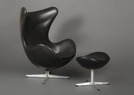 ARNE JACOBSEN (Denmark, 1902 – 1971) for FRITZ HANSEN. “Egg Chair” with ottoman,: ARNE JACOBSEN (Denmark, 1902 – 1971) for FRITZ HANSEN. “Egg Chair” with ottoman, model 3316. Designed in 1958-59 as part of the total interior design of the Royal Copenhagen Hotel. T