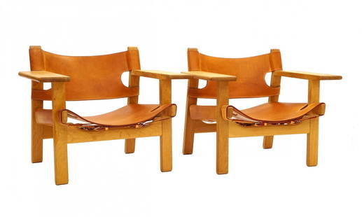 BORGE MOGENSEN (Denmark, 1914 – 1972) for Fredericia Furniture. Pair of armchairs, "La Silla: BORGE MOGENSEN (Denmark, 1914 – 1972) for Fredericia Furniture. Pair of armchairs, "La Silla Española" model. Design from 1958. Oak wood and leather. Manufactured by Fredericia Furniture, D