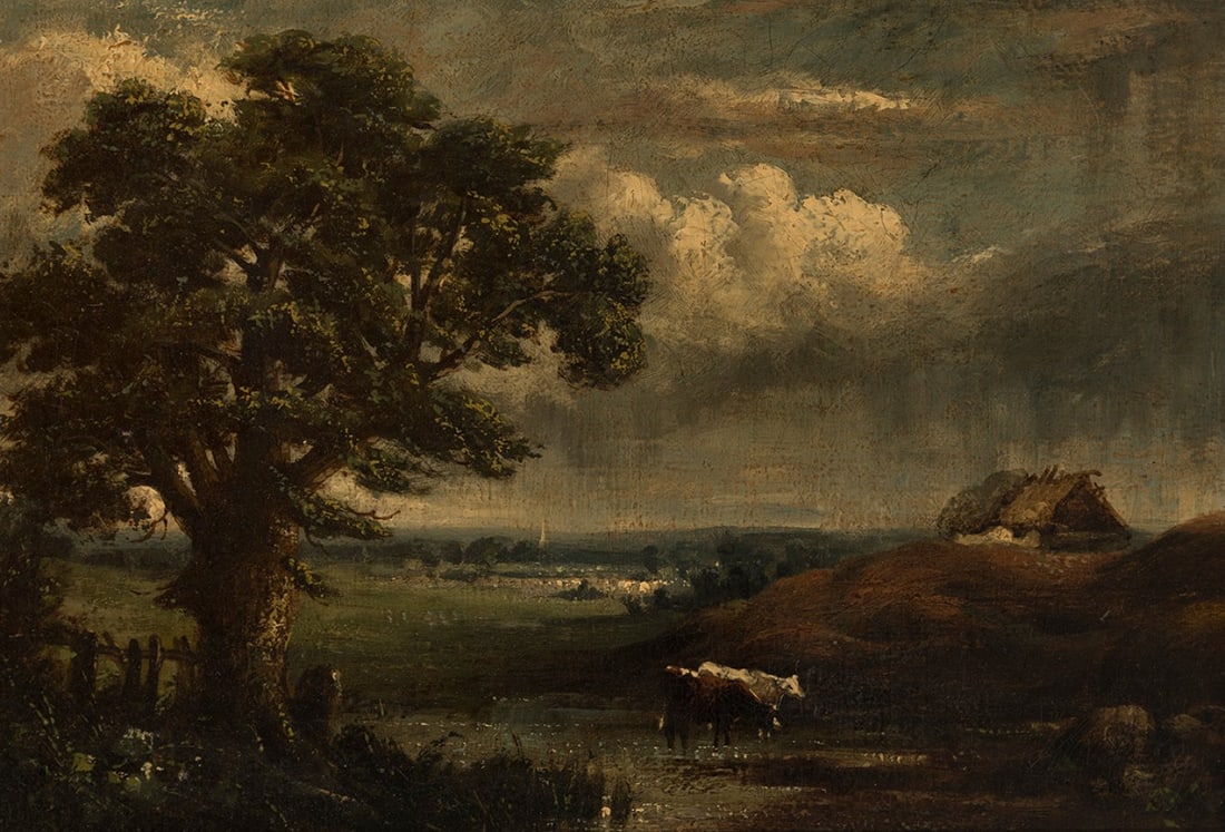 Circle of JOHN CONSTABLE (England, 1776 – 1837). "Landscape". Oil on canvas. Preserves Christie's: Circle of JOHN CONSTABLE (England, 1776 - 1837). "Landscape. Oil on canvas. Retains Christie's label on the stretcher. It has a wax seal on the back. Measurements: 33 x 51 cm; 59 x 64 cm (frame). The