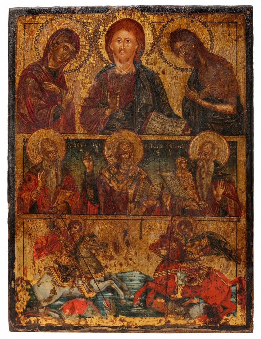 Russian icon of three registers of the 18th century.  "Deesis, patron saints, St. Michael and St. (1 of 5)