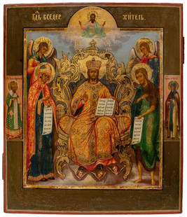 Russian icon, 19th century "Christ enthroned". Egg tempera and gold on wood. It presents crackles: Russian icon, 19th century "Christ enthroned". Egg tempera and gold on wood. It has craquelure and restorations. Measures: 35.5 x 31 x 2.6 cm. Russian icon depicting a majestic Christ, wearing a robe