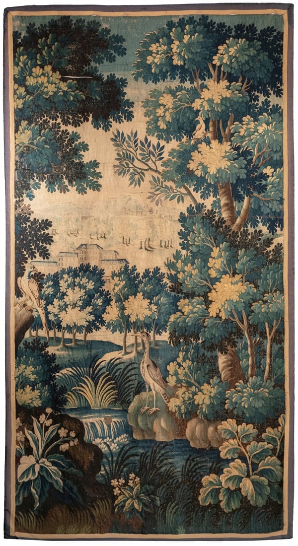 "Verdure" tapestry from the early 18th century.  Hand-woven in wool and silk.  Lined back. In fair (1 of 4)